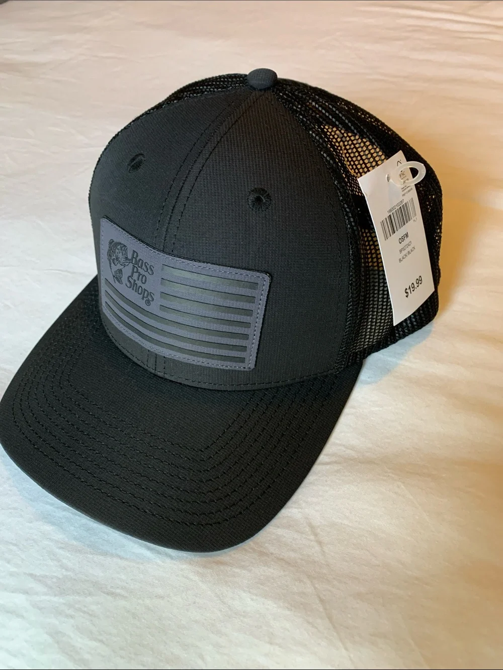 Bass Pro Shops Black Mesh Back Trucker Cap with Flag Patch